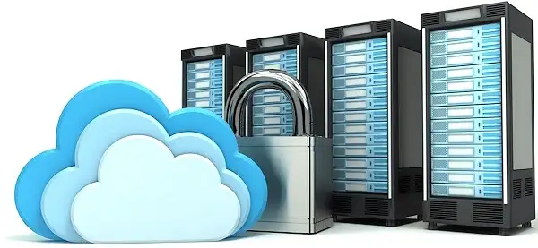 graphische Darstellung mit vier gesicherten und verschlüsselten Cloud Computing Server