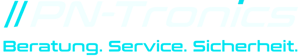 Das Firmenlogo des IT-Dienstleisters PN-Tronics mit blauen Slash-Zeichen und weisem Schriftzug